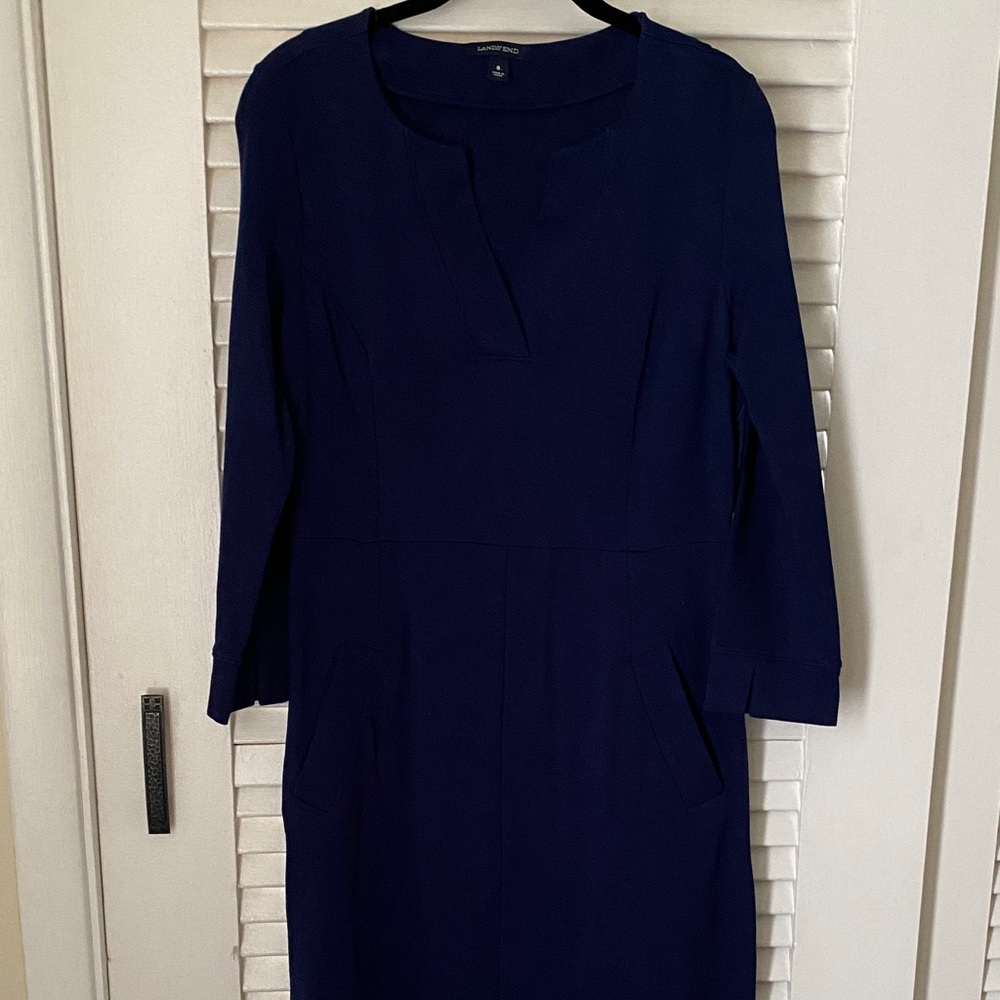 Lands' End Navy Three Quarter Sleeve Ponte Sheath Dress